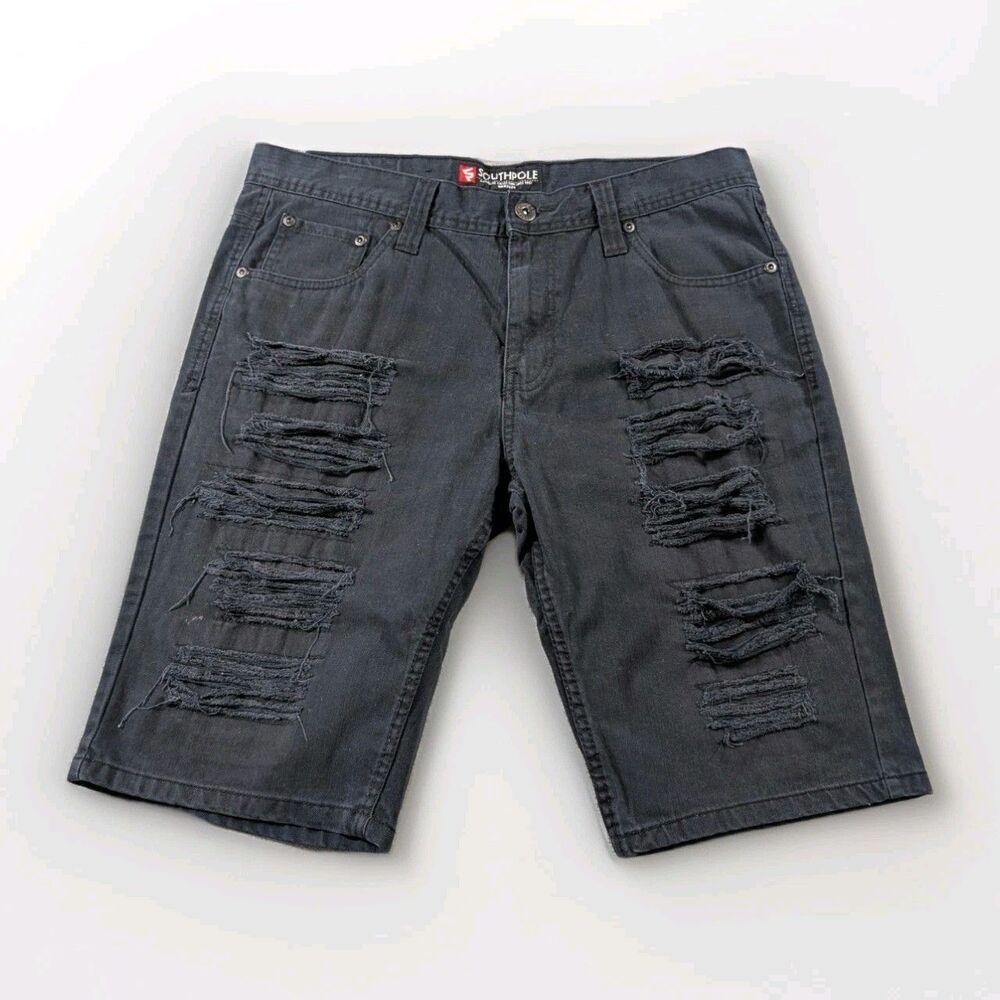 Southpole Shorts Mens 34 Black Distressed Denim Baggy Grunge Retro Hip Hop